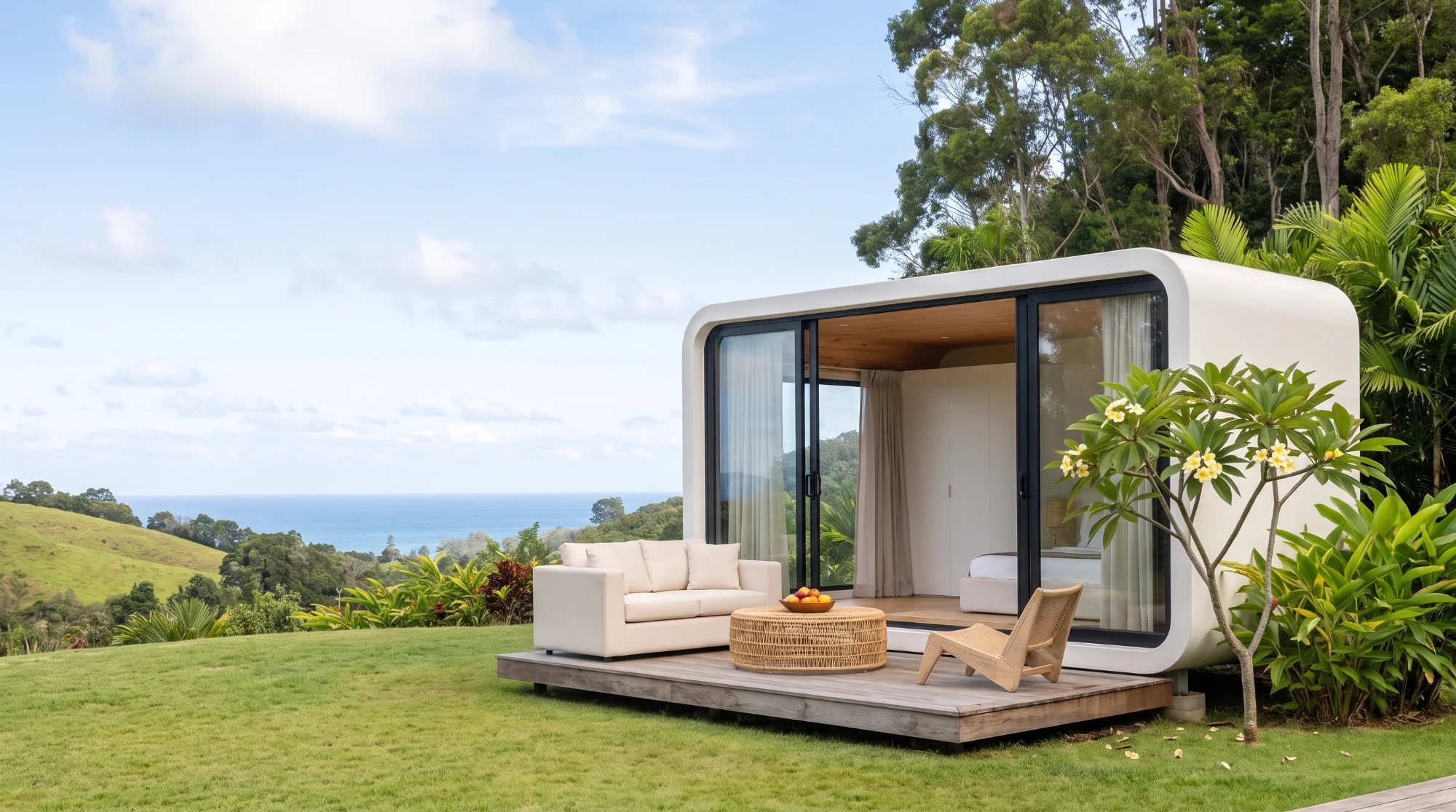 Modern white tiny home with large black-framed glass doors and a wood ceiling, an outdoor sofa on a timber deck, a plumeria tree and an ocean view
