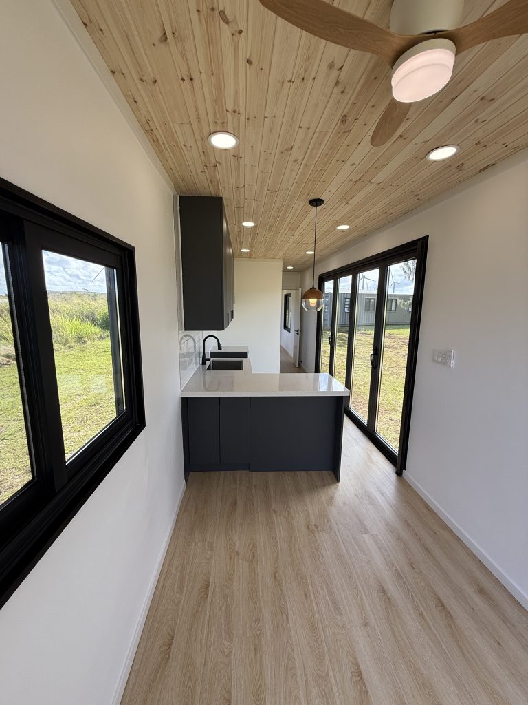 Narrow kitchen and living space with a wood ceiling, black-framed windows and glass doors